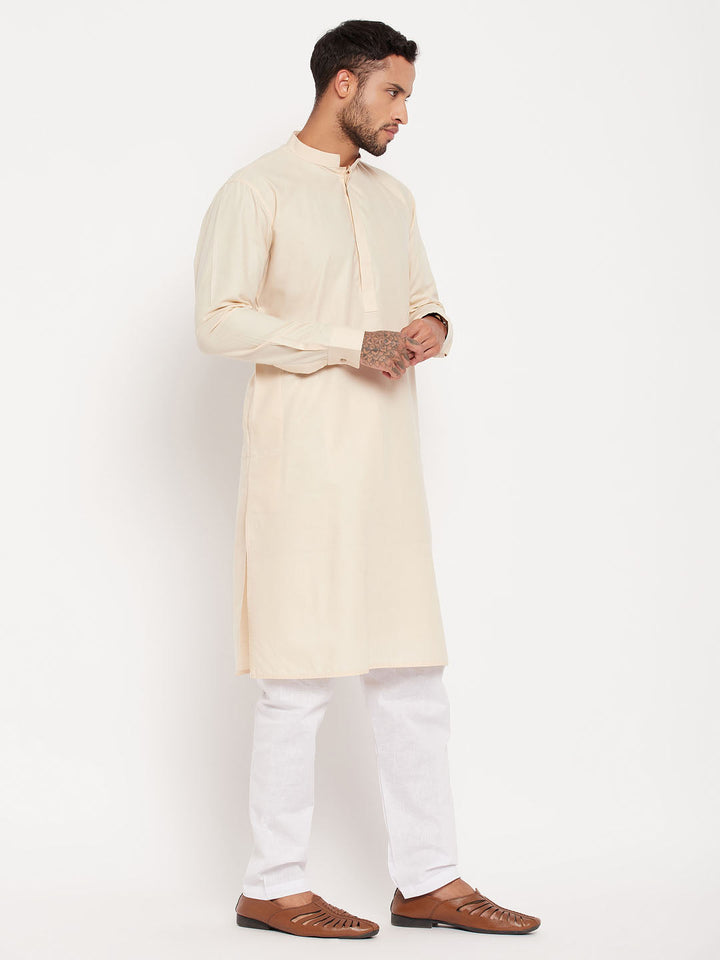 Sarvati Men's Cream Cotton Blend Kurta and White Pyjama Set