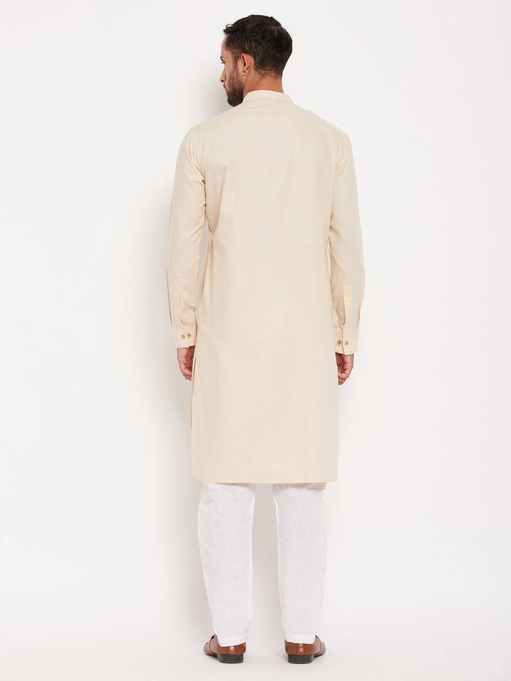 Sarvati Men's Cream Cotton Blend Kurta and White Pyjama Set