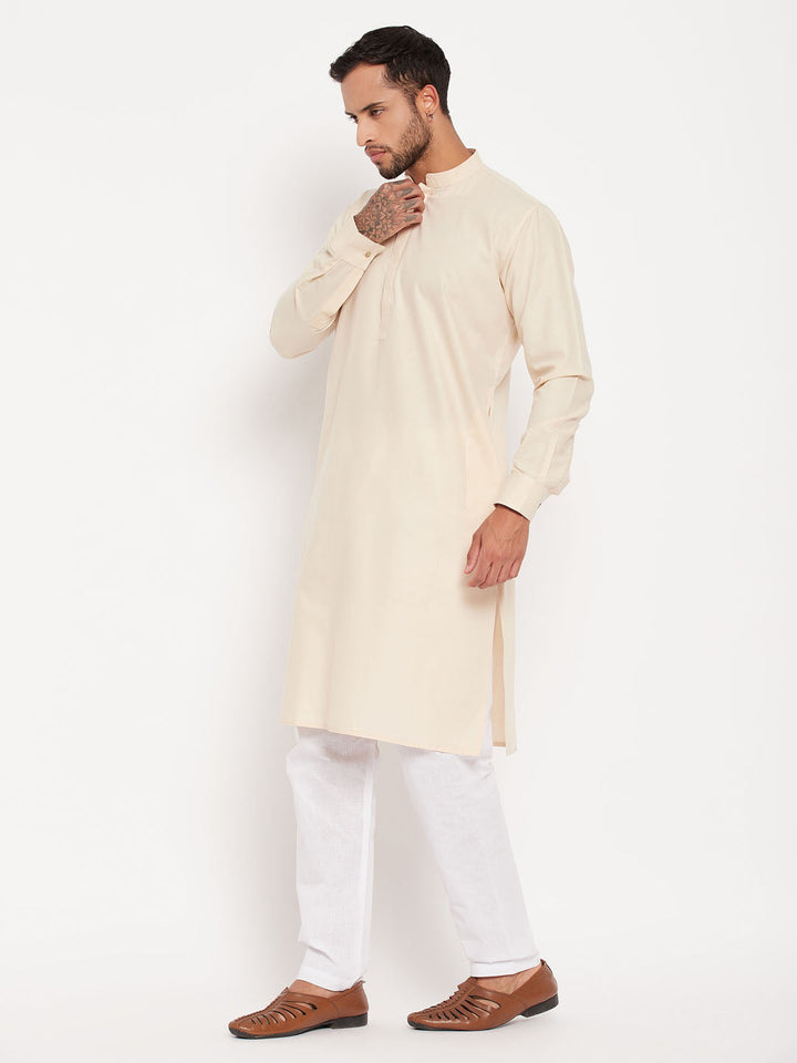 Sarvati Men's Cream Cotton Blend Kurta and White Pyjama Set