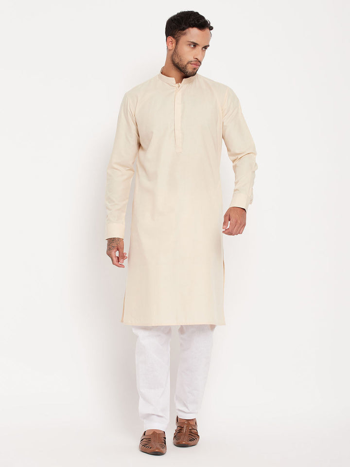 Sarvati Men's Cream Cotton Blend Kurta and White Pyjama Set