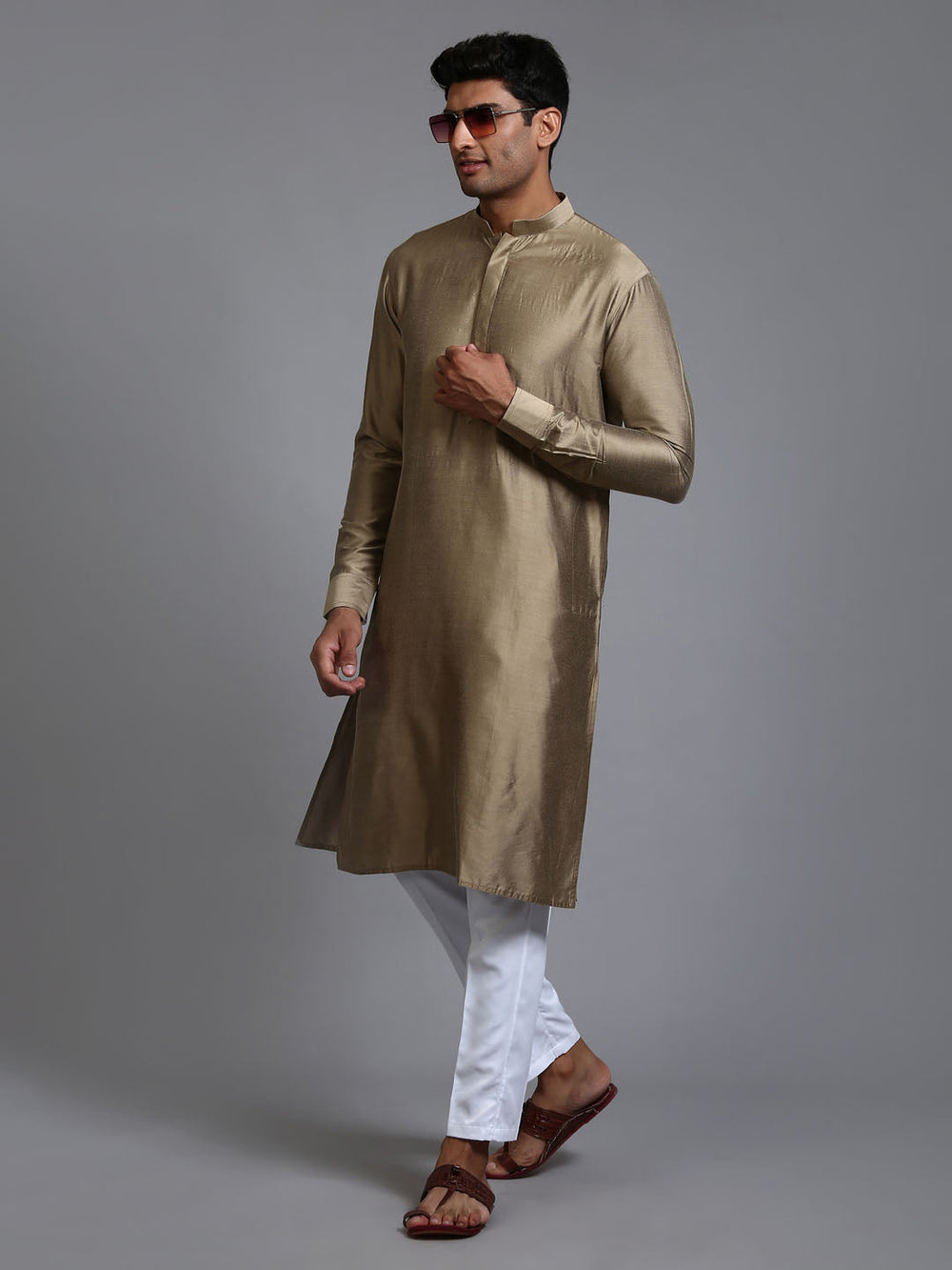 Sarvati Men's Green Cotton Blend Kurta and White Pant Set