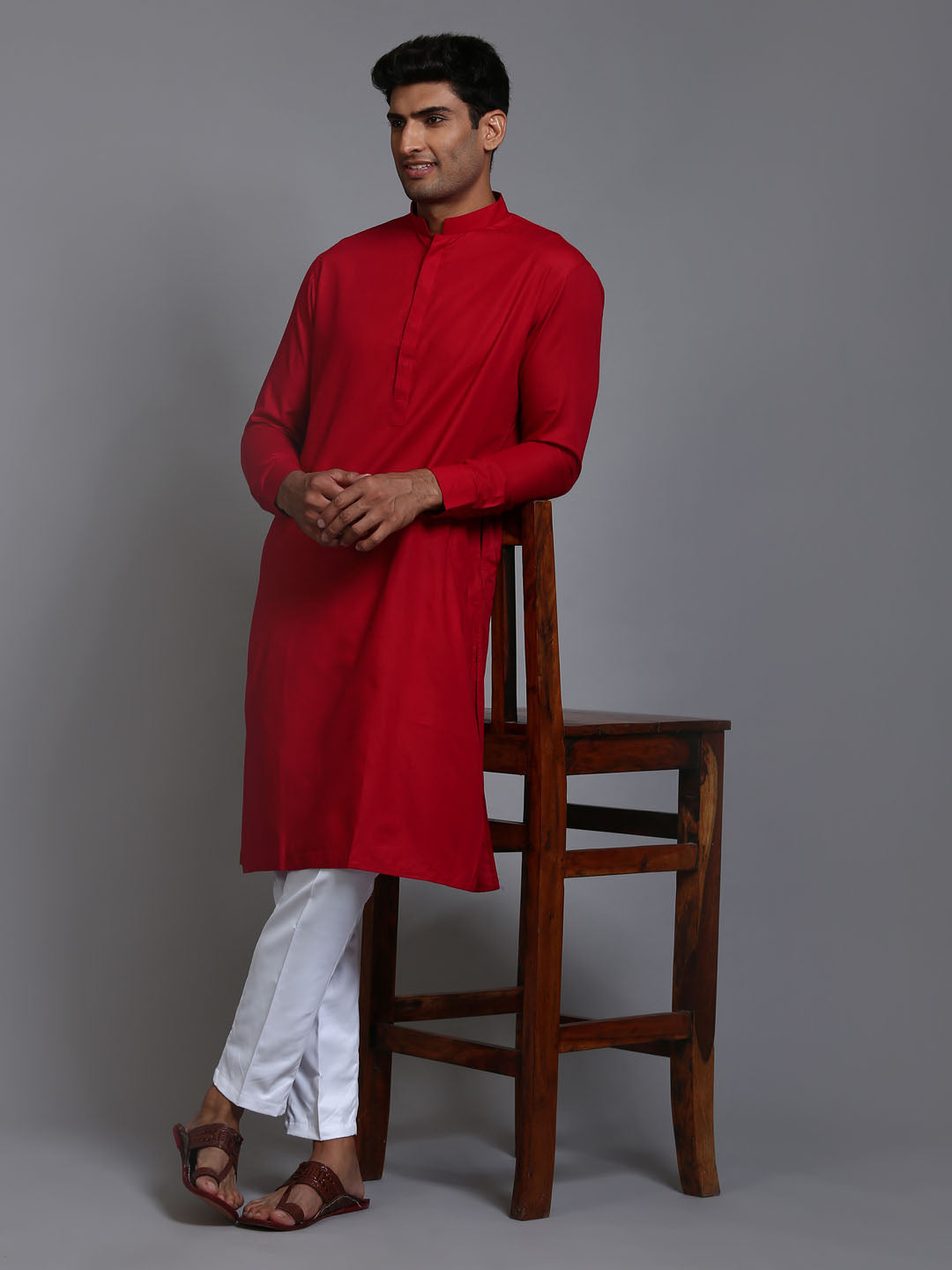 Sarvati Men's Maroon Cotton Blend Kurta and White Pant Set