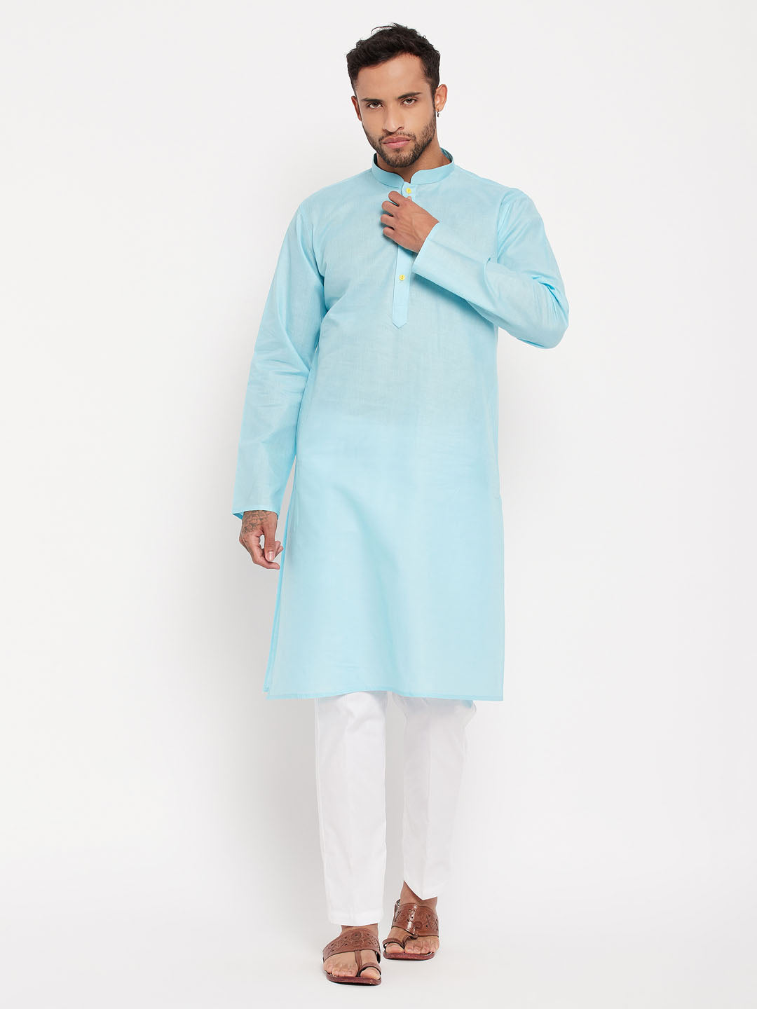 Sarvati Men's Aqua Blue Kurta And White Pant Style Pyjama Set