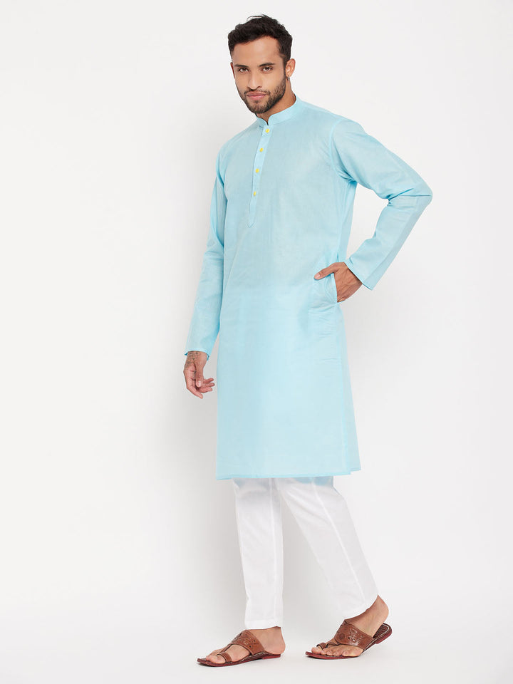 Sarvati Men's Aqua Blue Kurta And White Pant Style Pyjama Set