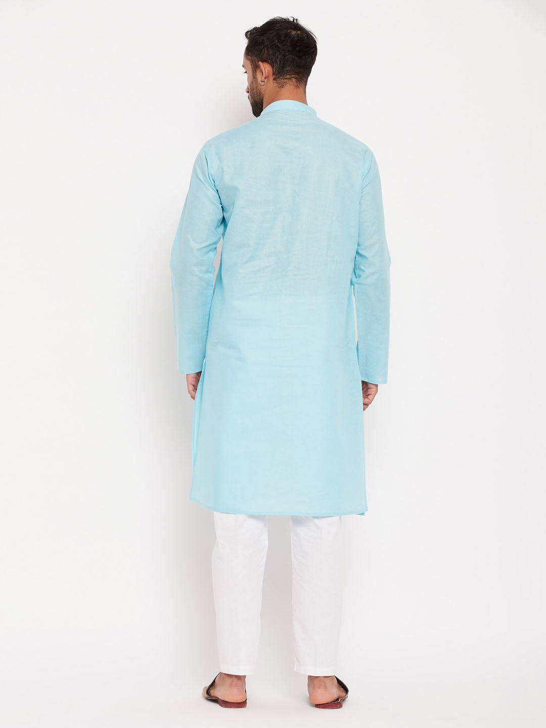 Sarvati Men's Aqua Blue Kurta And White Pant Style Pyjama Set