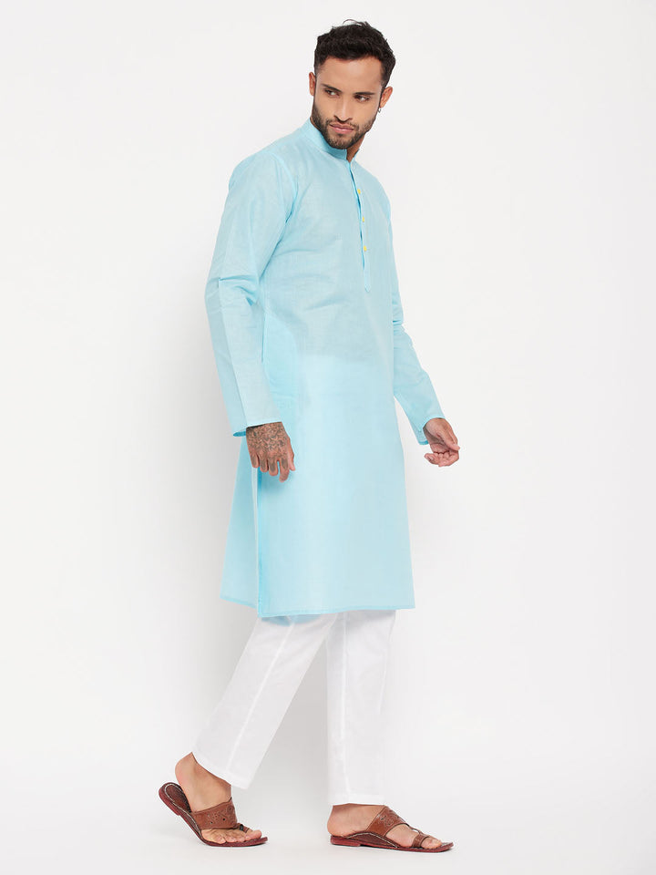 Sarvati Men's Aqua Blue Kurta And White Pant Style Pyjama Set