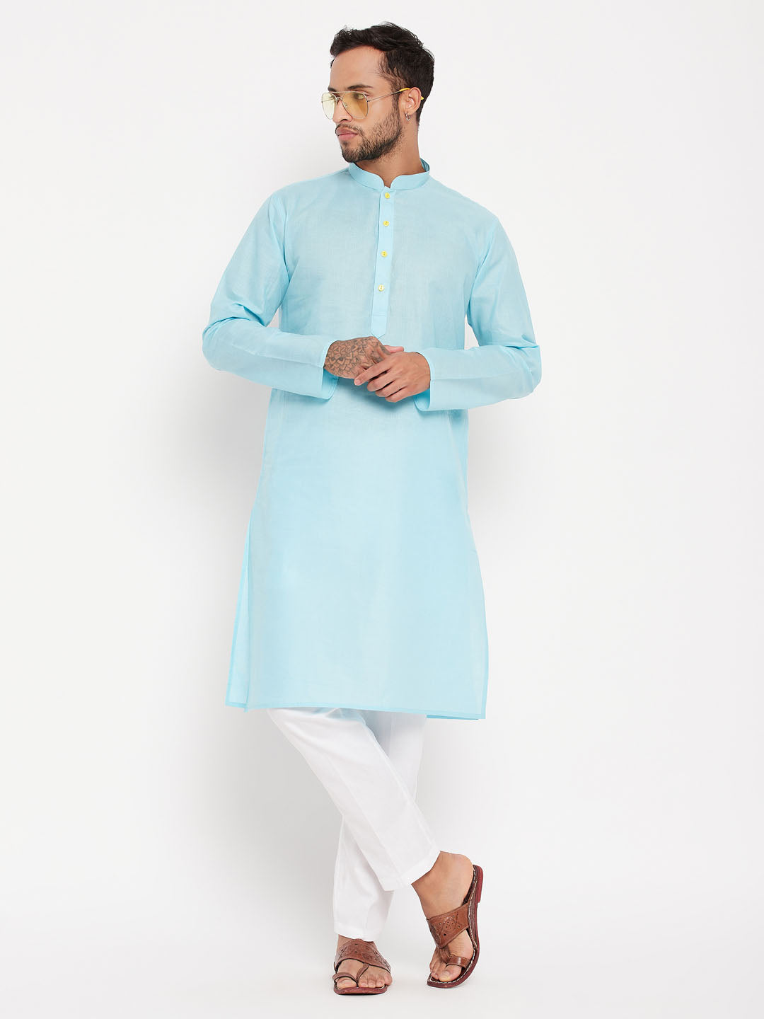 Sarvati Men's Aqua Blue Kurta And White Pant Style Pyjama Set