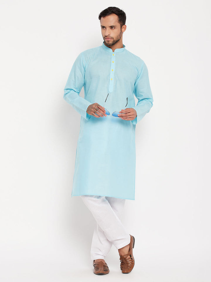 Sarvati Men's Aqua Blue Kurta And White Pyjama Set