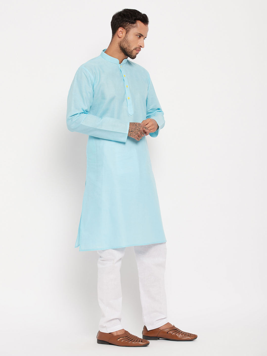 Sarvati Men's Aqua Blue Kurta And White Pyjama Set