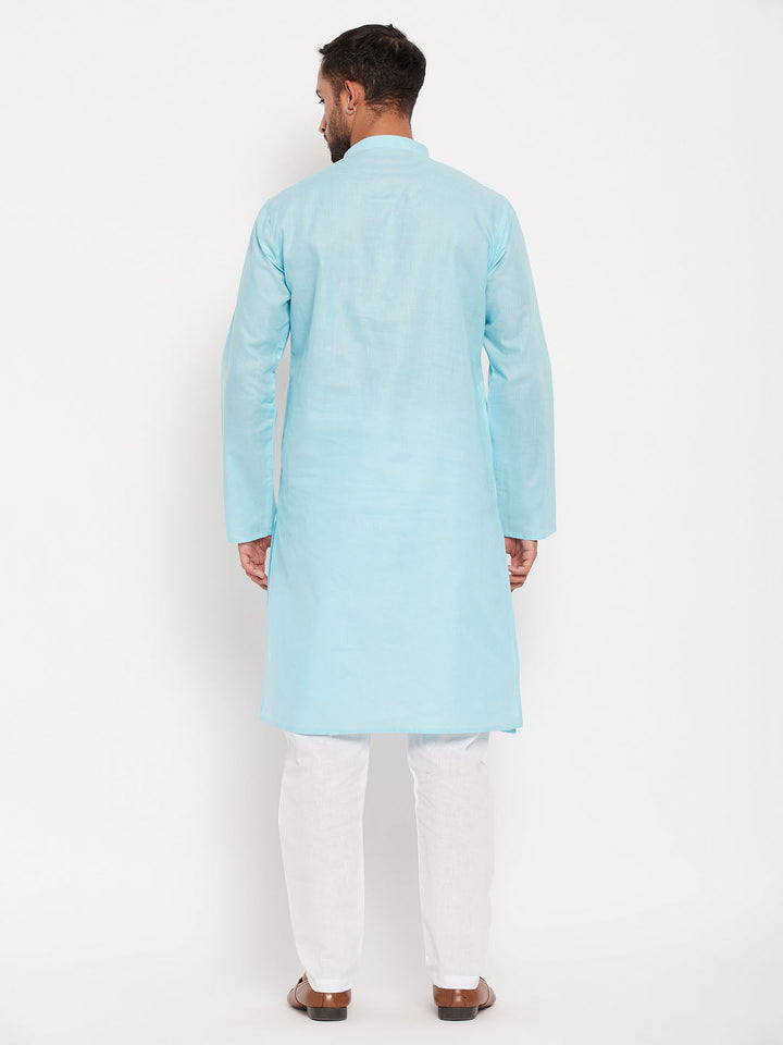 Sarvati Men's Aqua Blue Kurta And White Pyjama Set