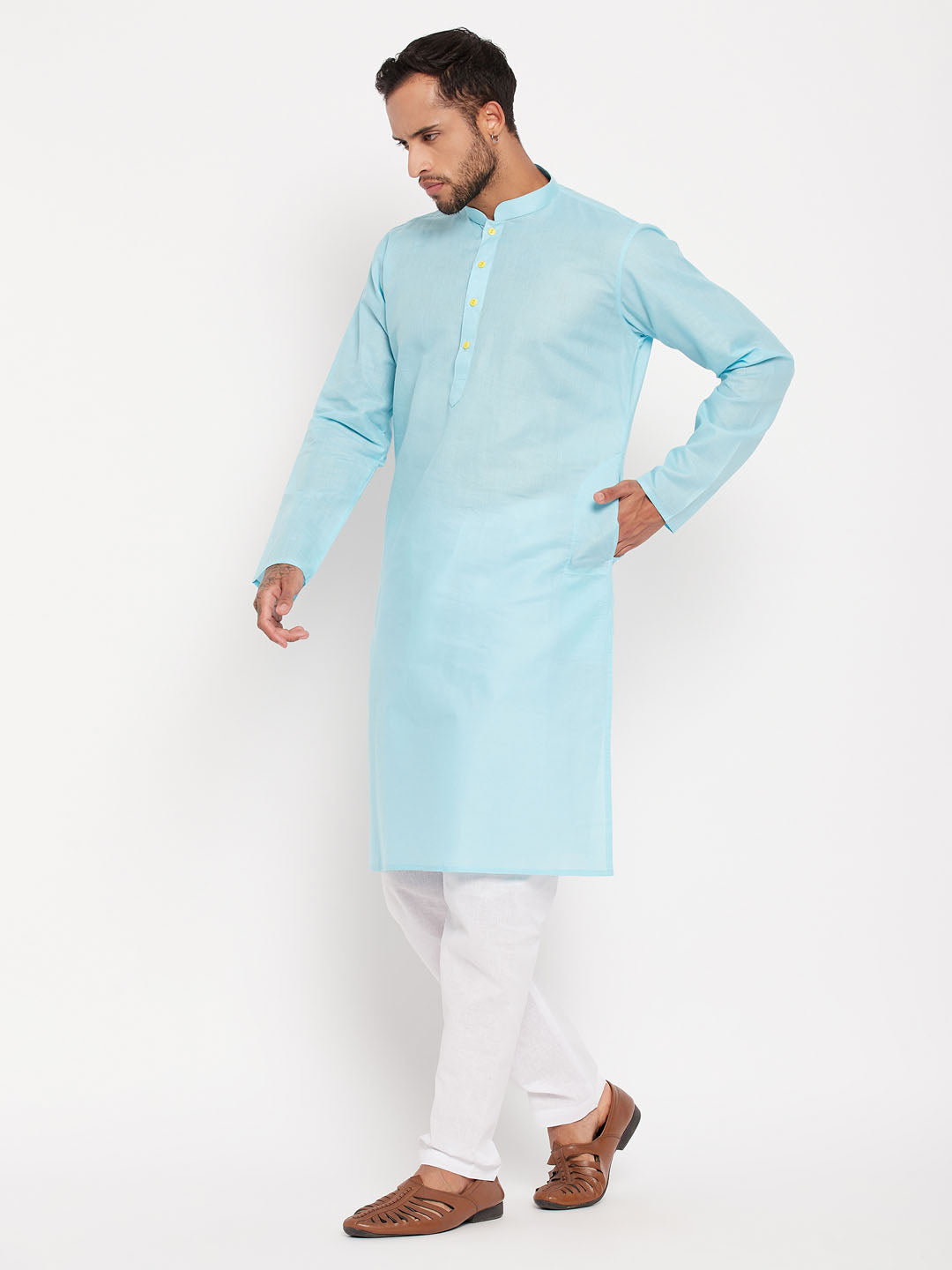 Sarvati Men's Aqua Blue Kurta And White Pyjama Set