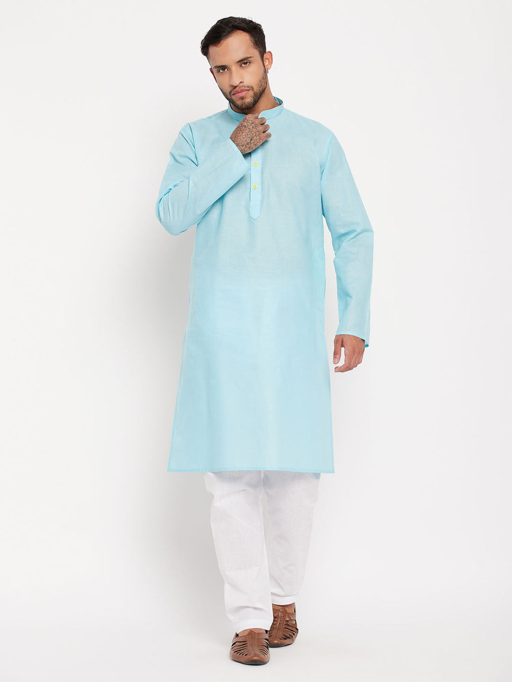 Sarvati Men's Aqua Blue Kurta And White Pyjama Set