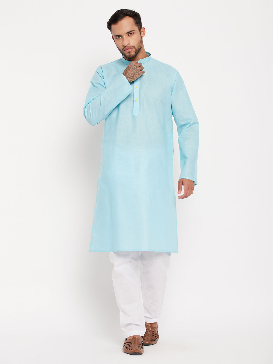 Sarvati Men's Aqua Blue Kurta And White Pyjama Set