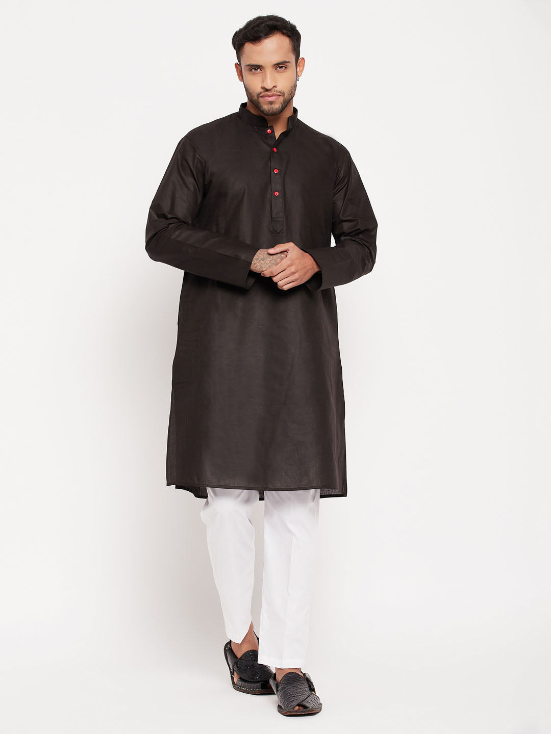 Sarvati Men's Black Kurta And White Pant Style Pyjama Set