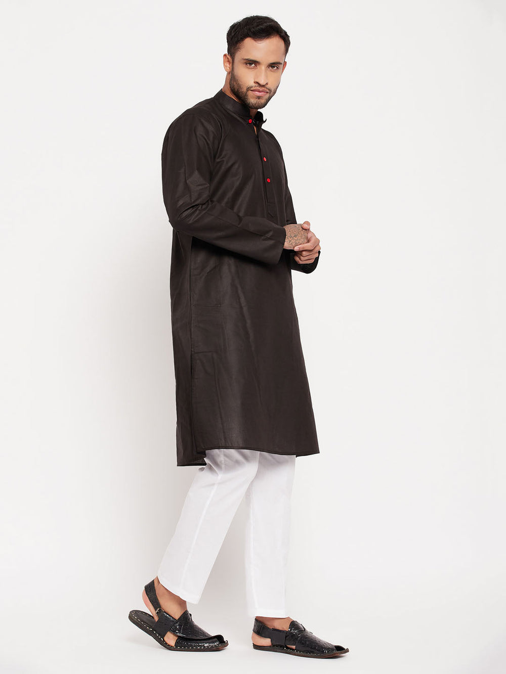 Sarvati Men's Black Kurta And White Pant Style Pyjama Set