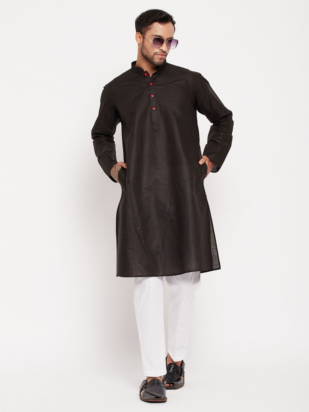 Sarvati Men's Black Kurta And White Pant Style Pyjama Set