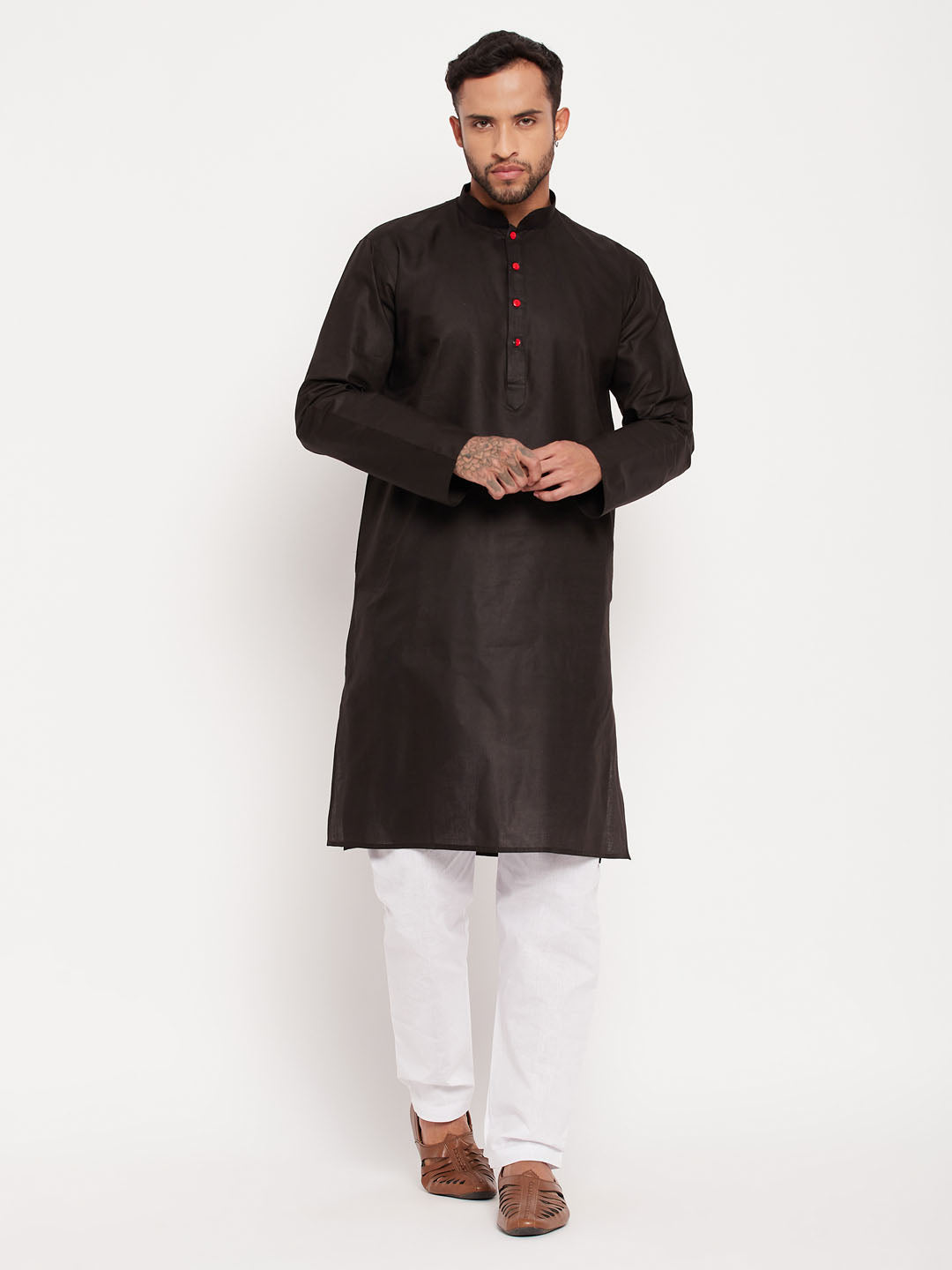 Sarvati Men's Black Cotton Kurta And White Pyjama Set