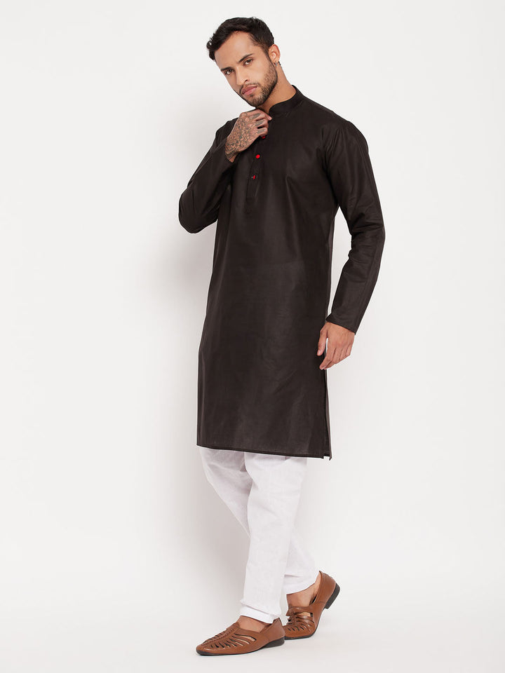 Sarvati Men's Black Cotton Kurta And White Pyjama Set