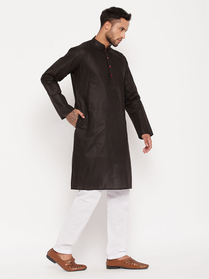 Sarvati Men's Black Cotton Kurta And White Pyjama Set