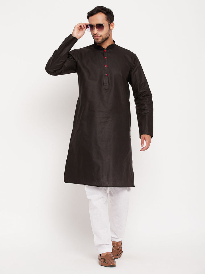 Sarvati Men's Black Cotton Kurta And White Pyjama Set