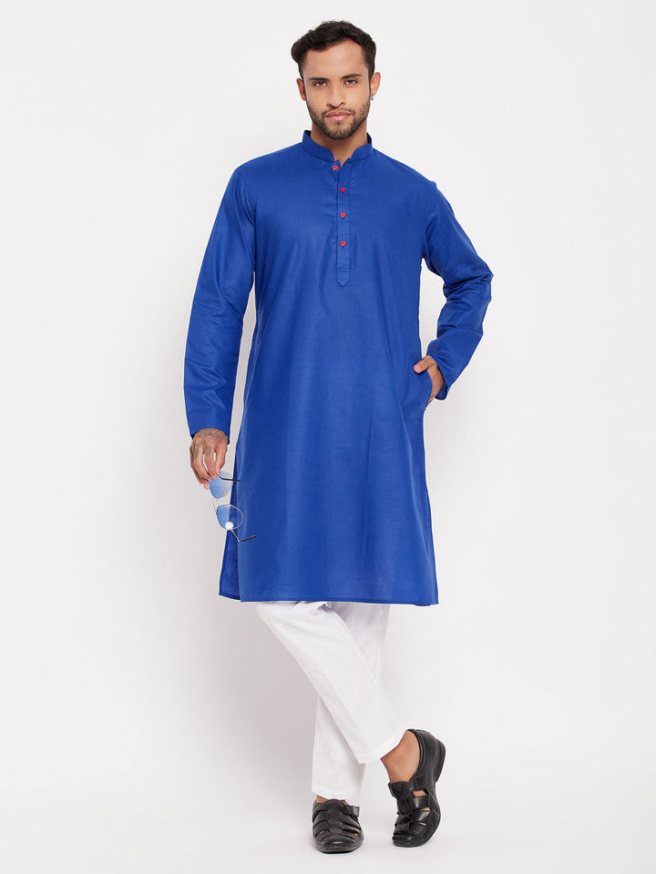 Sarvati Men's Blue Kurta And White Pant Style Pyjama Set