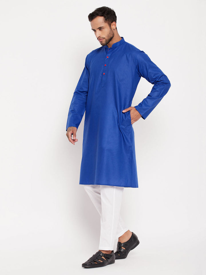 Sarvati Men's Blue Kurta And White Pant Style Pyjama Set