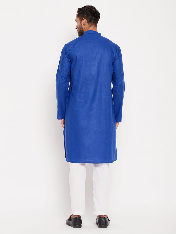 Sarvati Men's Blue Kurta And White Pant Style Pyjama Set