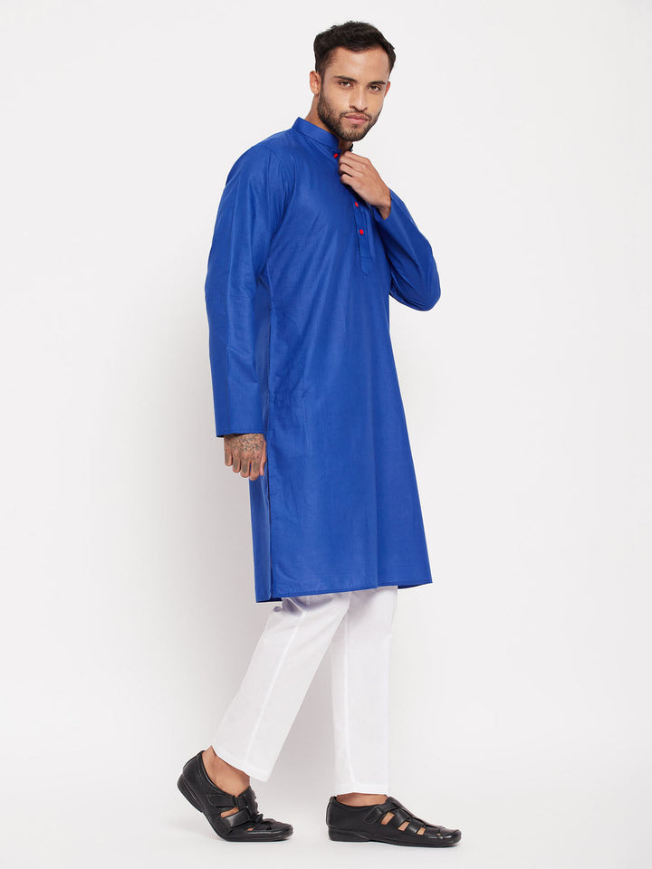 Sarvati Men's Blue Kurta And White Pant Style Pyjama Set