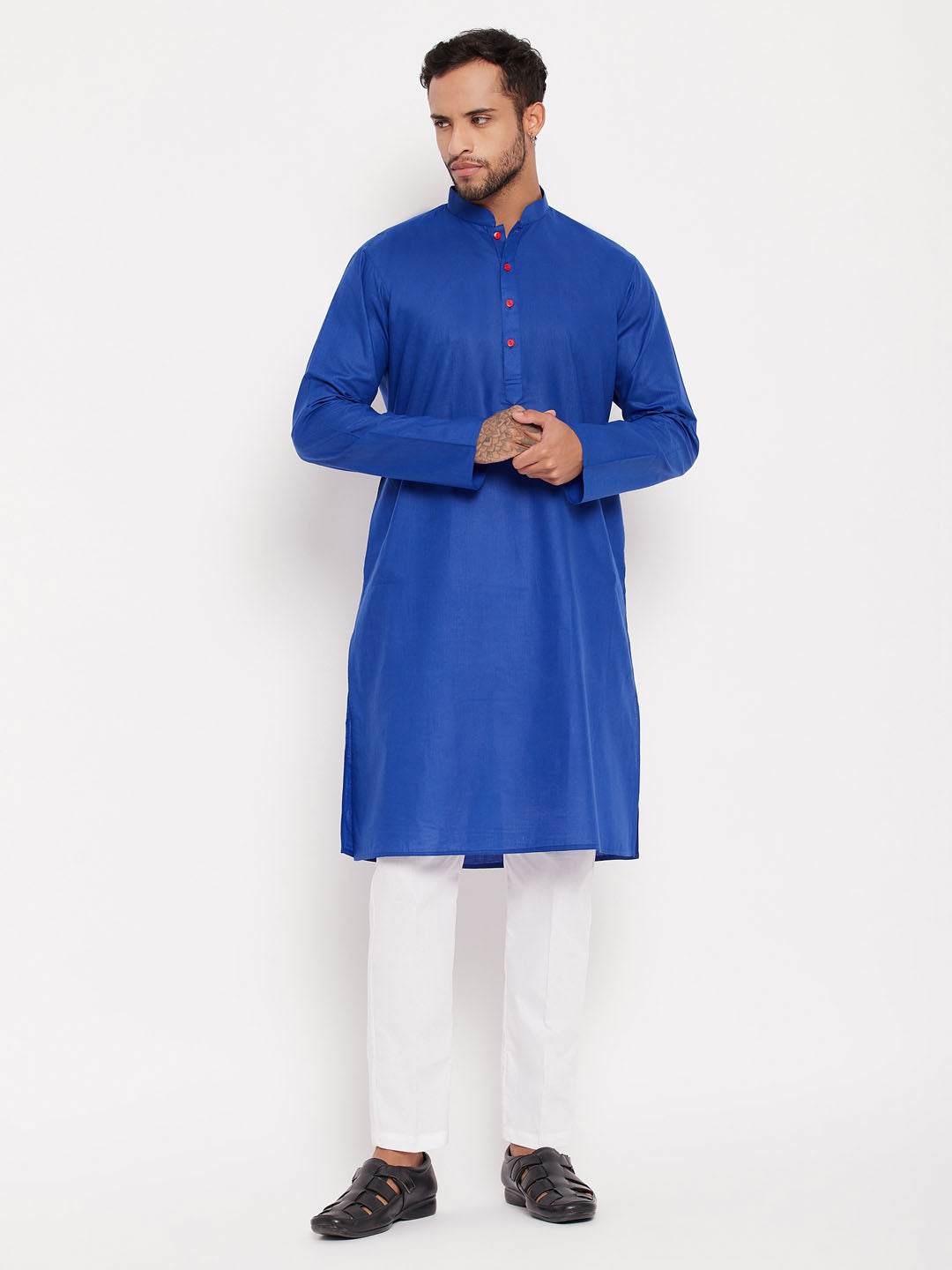 Sarvati Men's Blue Kurta And White Pant Style Pyjama Set