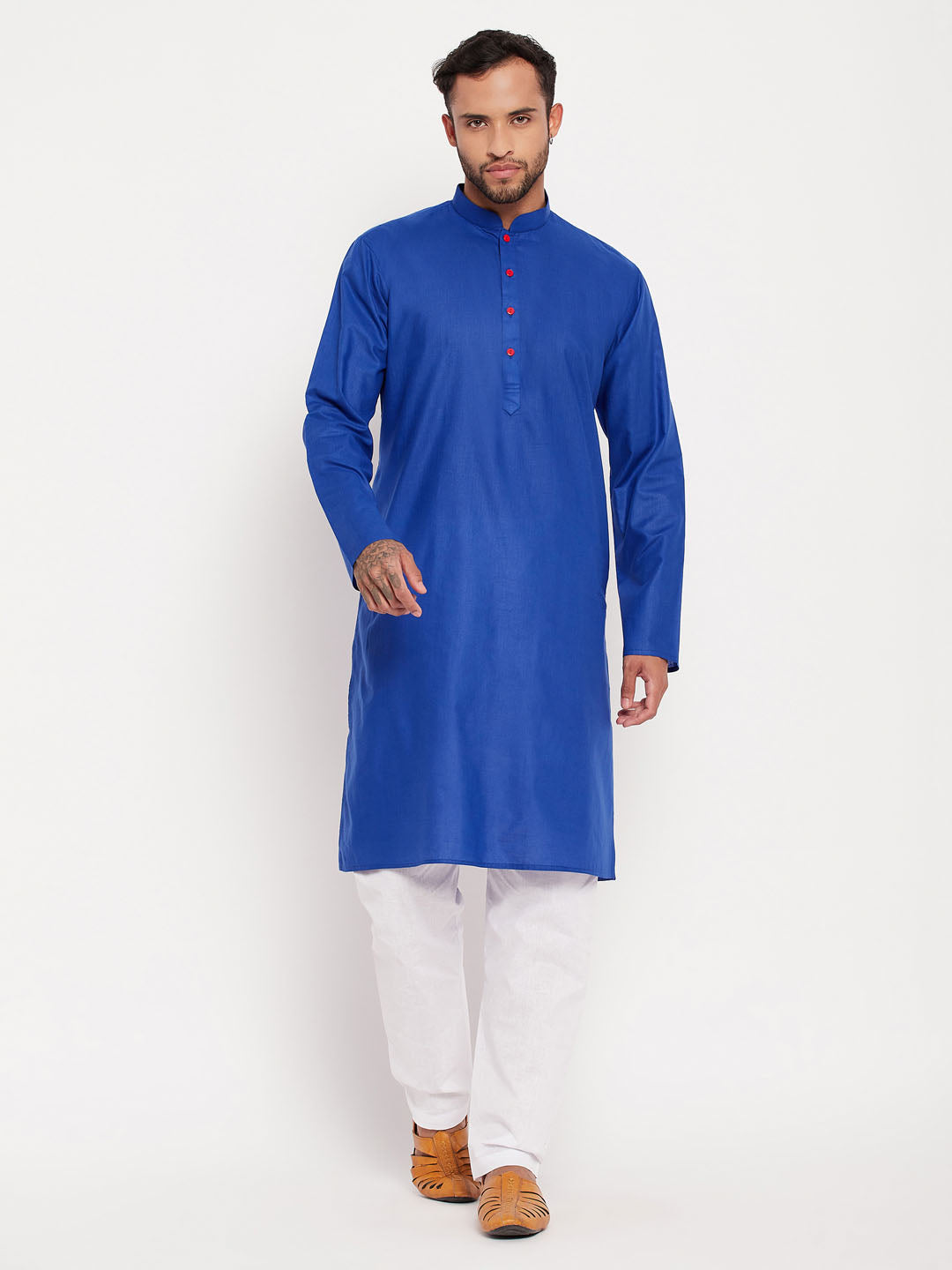 Sarvati Men's Blue Cotton Kurta And White Pyjama Set