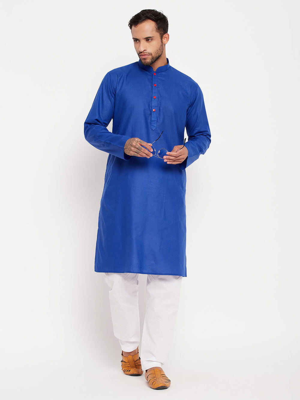 Sarvati Men's Blue Cotton Kurta And White Pyjama Set