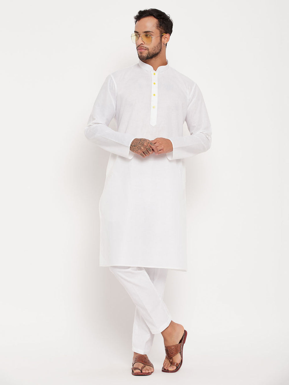 Sarvati Men's Cream Kurta And White Pant Style Pyjama Set