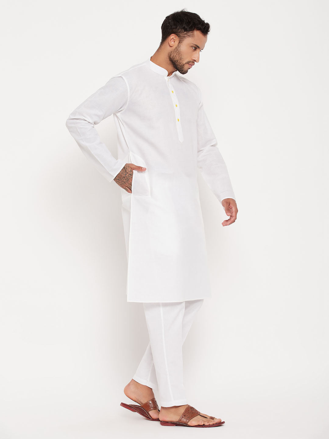 Sarvati Men's Cream Kurta And White Pant Style Pyjama Set