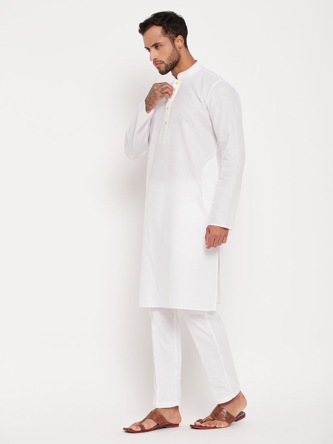 Sarvati Men's Cream Kurta And White Pant Style Pyjama Set