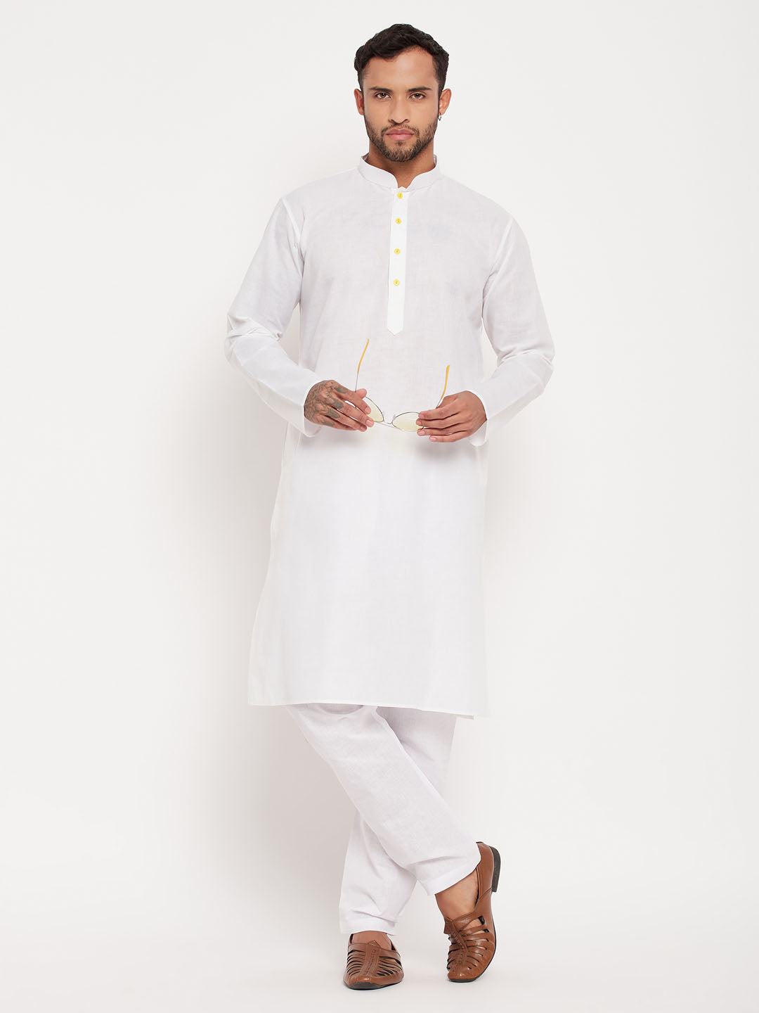 Sarvati Men's Cream Cotton Kurta And White Pyjama Set