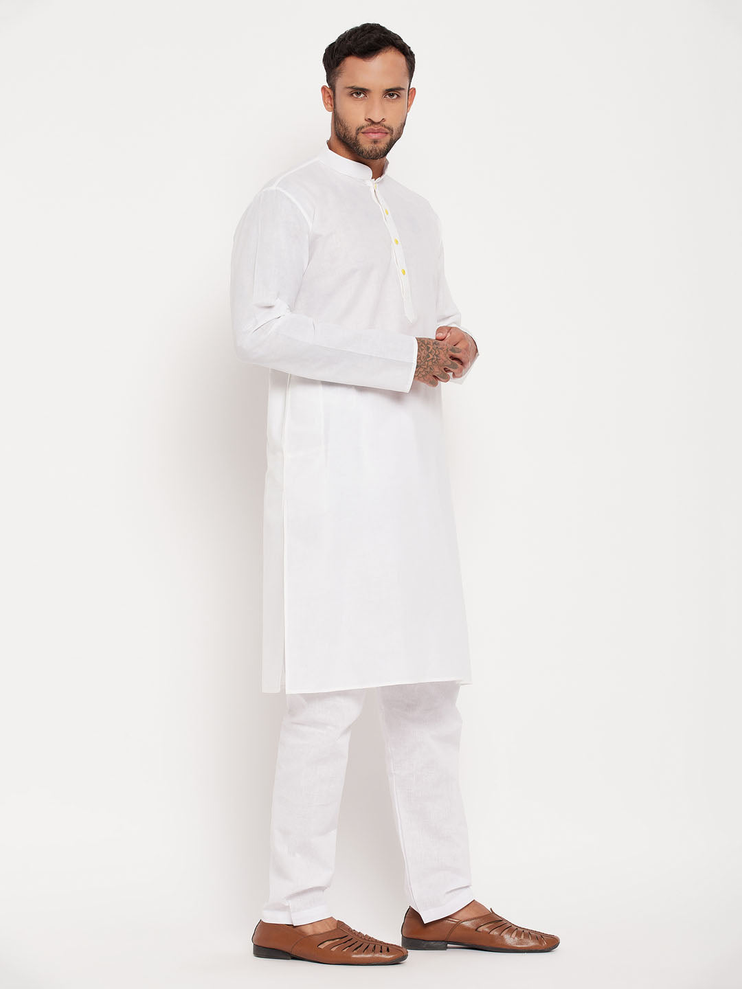 Sarvati Men's Cream Cotton Kurta And White Pyjama Set