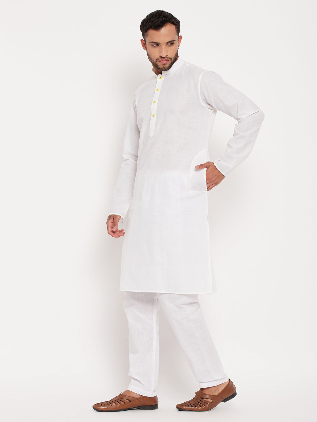 Sarvati Men's Cream Cotton Kurta And White Pyjama Set