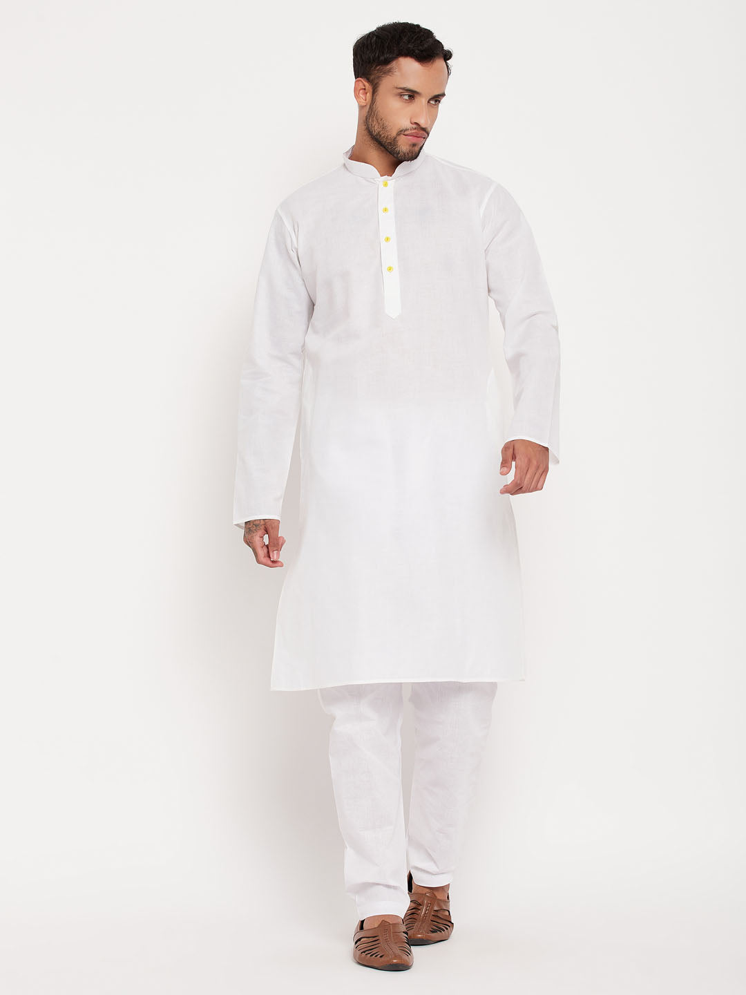 Sarvati Men's Cream Cotton Kurta And White Pyjama Set