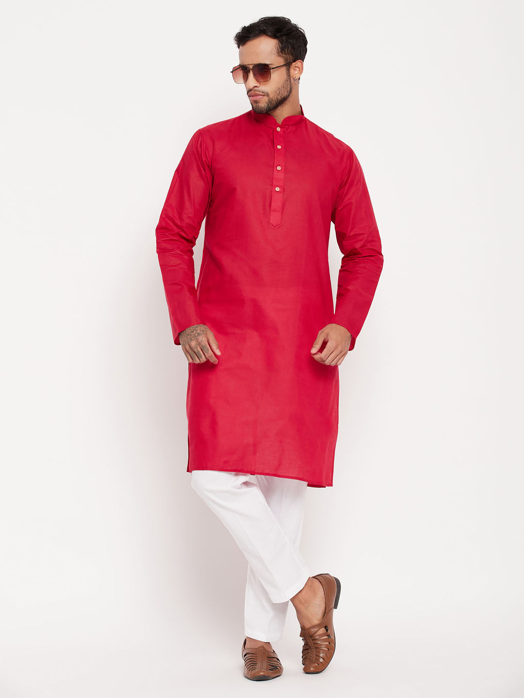 Sarvati Men's Maroon Kurta And White Pant Style Pyjama Set