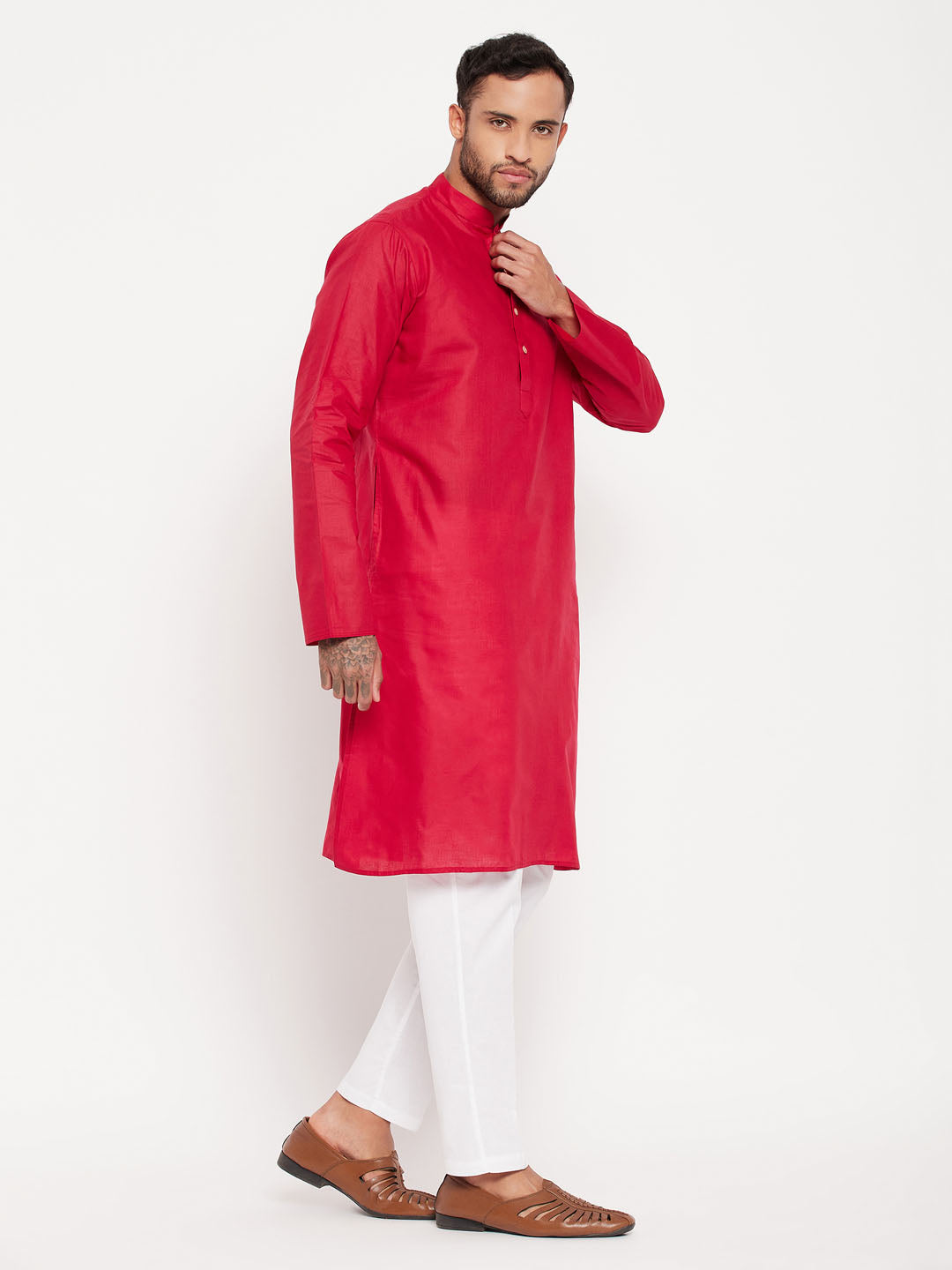 Sarvati Men's Maroon Kurta And White Pant Style Pyjama Set