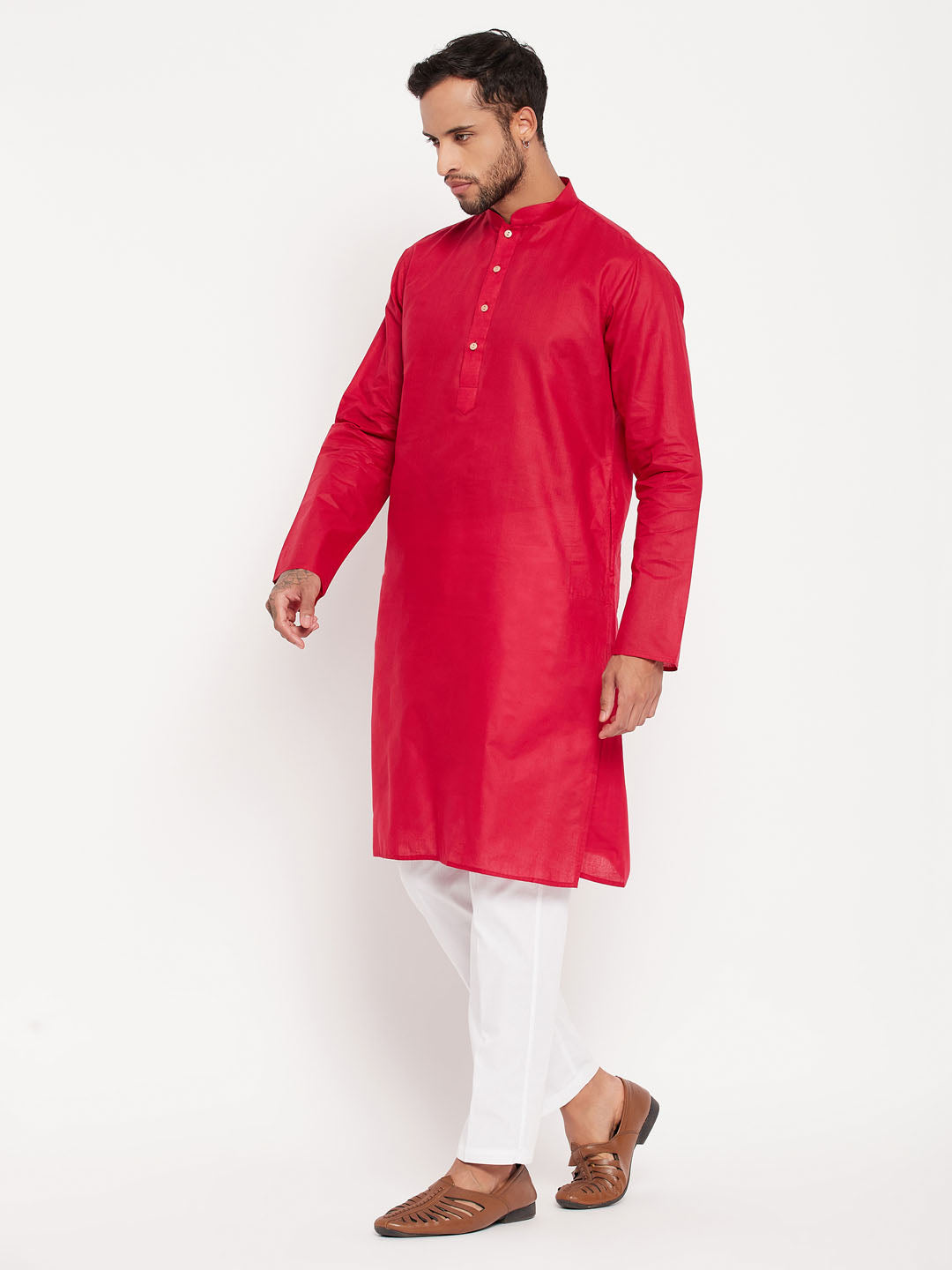 Sarvati Men's Maroon Kurta And White Pant Style Pyjama Set