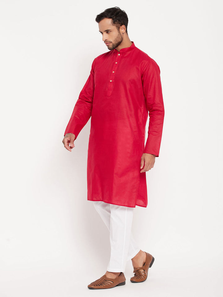 Sarvati Men's Maroon Kurta And White Pant Style Pyjama Set