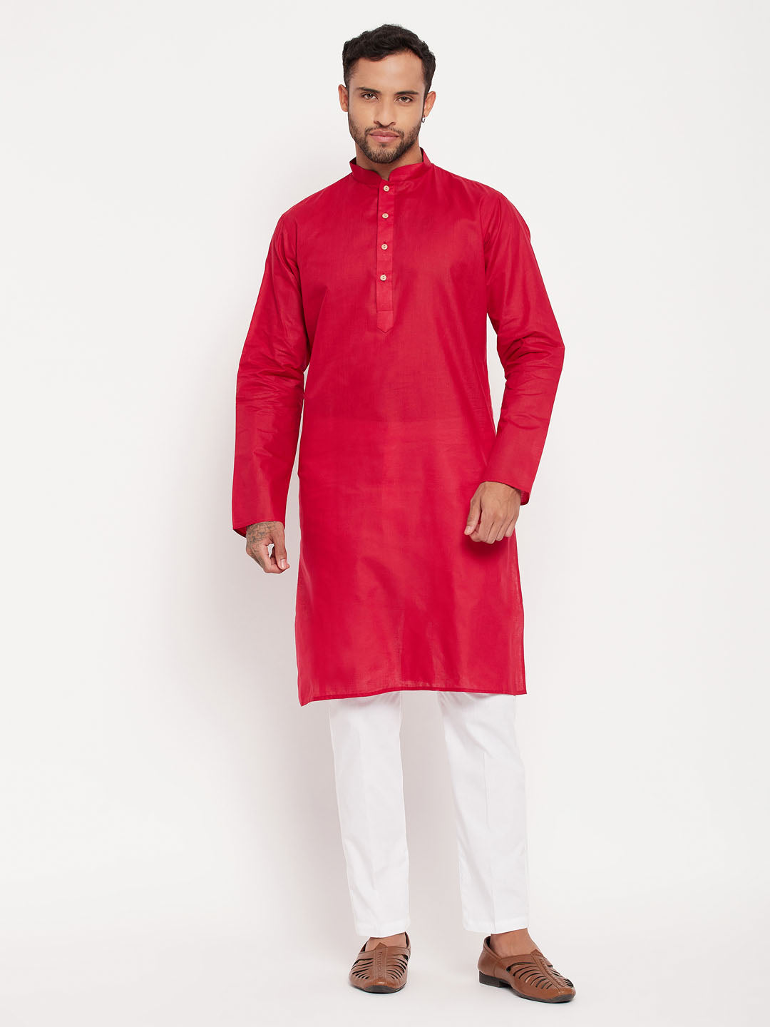 Sarvati Men's Maroon Kurta And White Pant Style Pyjama Set