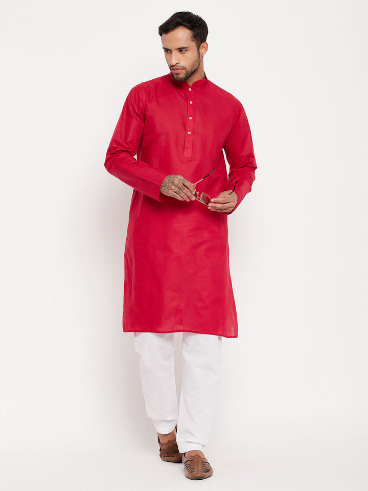 Sarvati Men's Maroon Cotton Kurta And White Pyjama Set