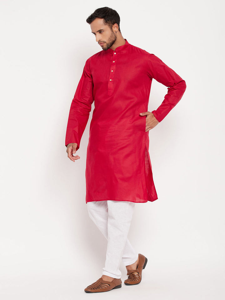 Sarvati Men's Maroon Cotton Kurta And White Pyjama Set