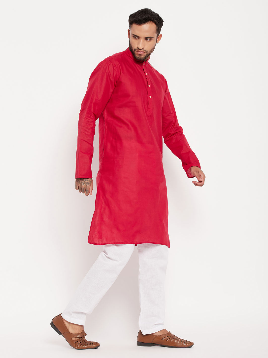 Sarvati Men's Maroon Cotton Kurta And White Pyjama Set