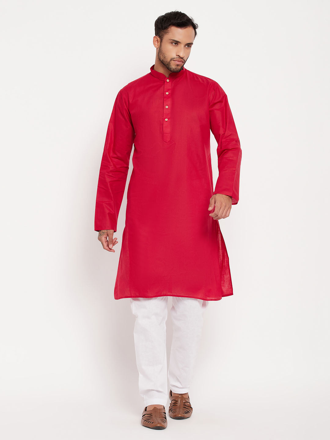 Sarvati Men's Maroon Cotton Kurta And White Pyjama Set