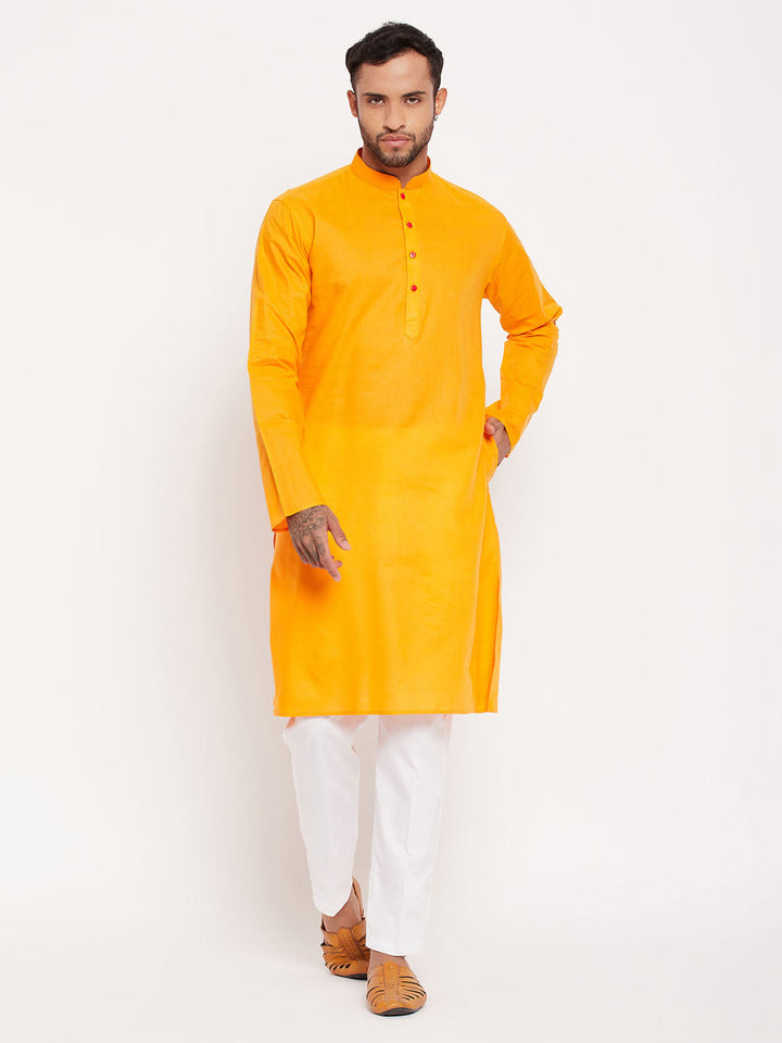 Sarvati Men's Orange Kurta And White Pant Style Pyjama Set