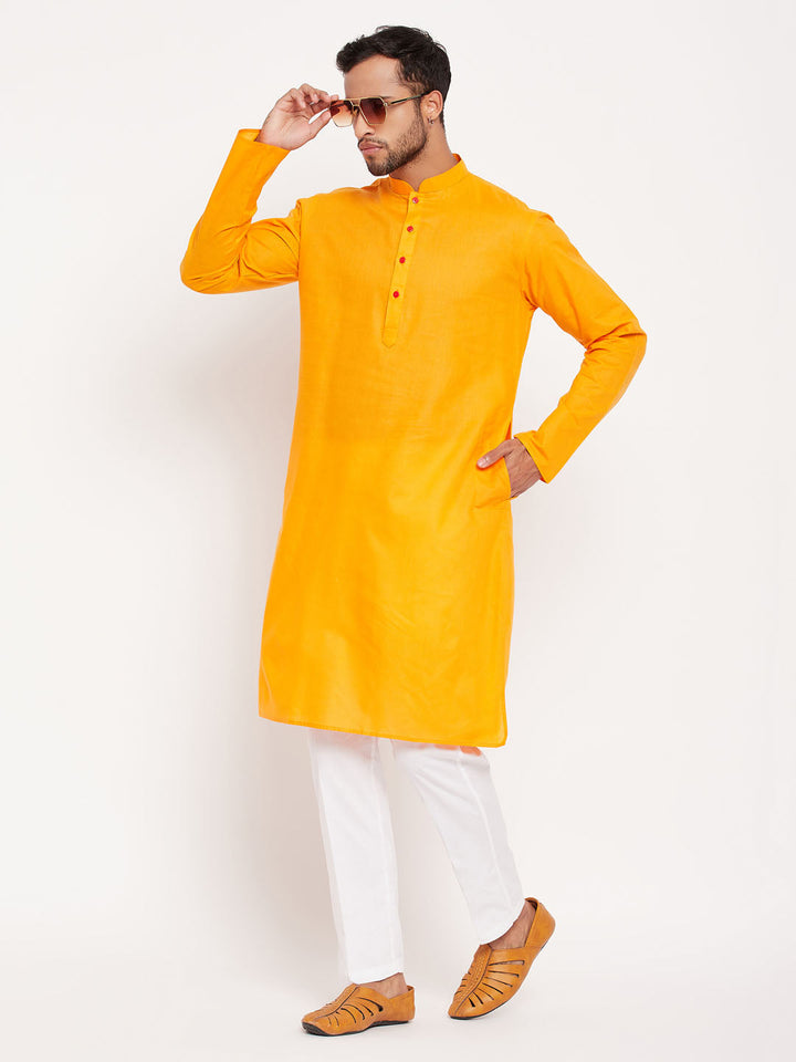 Sarvati Men's Orange Kurta And White Pant Style Pyjama Set