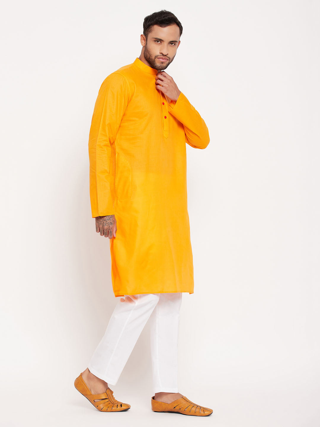 Sarvati Men's Orange Kurta And White Pant Style Pyjama Set